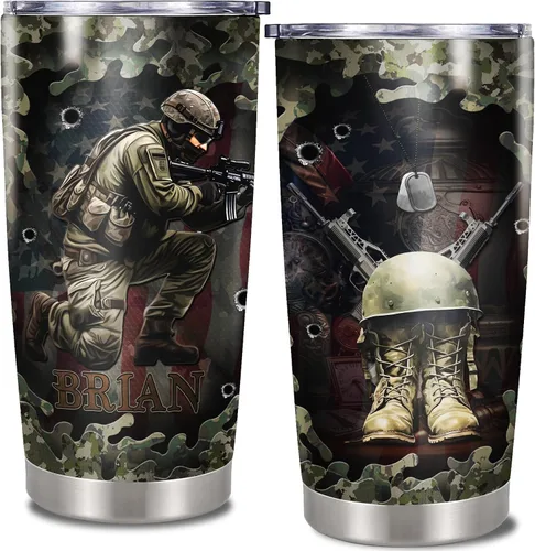 Miniatura 13 de Dorris Vaso de café personalizado del ejército con tapa, vasos aislados al vacío de veteranos estadounidenses, taza aislada de acero inoxidable