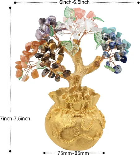 Miniatura 2 de mookaitedecor Árbol de dinero de cristal de 7 chakras con base de bolsa de dinero dorada, adorno de bonsái de árbol de Feng Shui para decoración