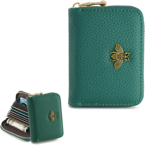 Miniatura 11 de WOZEAH Billetera pequeña para mujeres con bloqueo RFID, cartera para tarjetas de crédito, cartera de acordeón de cuero con cremallera, Negro