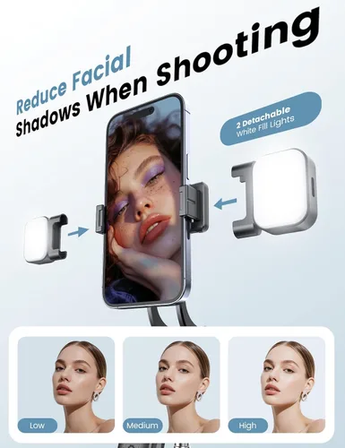 Miniatura 4 de Trípode para selfie stick de 67 pulgadas con luz, soporte de teléfono básico para iPhone y Samsung, trípode extensible todo en uno con control
