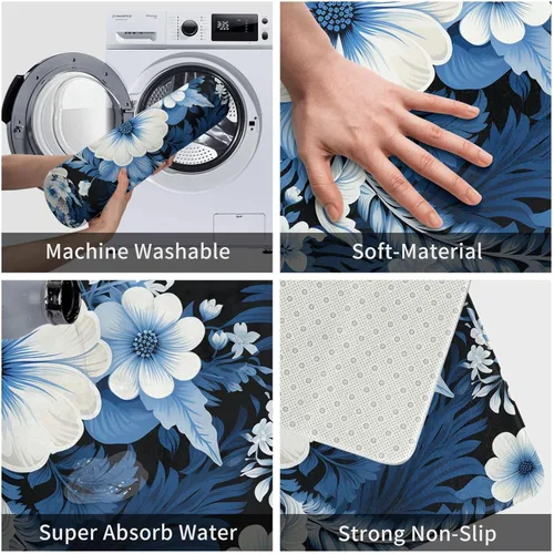 Miniatura 4 de Tapete para puerta delantera, tapete de bienvenida con estampado floral azul y blanco, absorbente, antideslizante, tapete de entrada suave, alfombra
