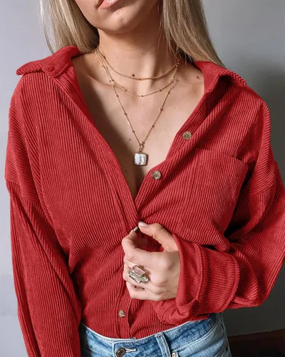 Miniatura 8 de Saslax Camisa de pana para mujer, de manga larga, con botones, cuello en V, holgada, chaqueta