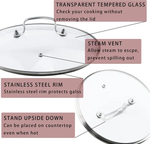 Miniatura 4 de Tapa de vidrio templado de 8 pulgadas con orificio de ventilación de vapor, olla universal transparente de repuesto con mango de soporte, borde