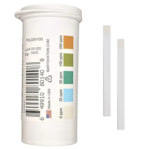 Tiras reactivas de plástico desinfectante de cloro para restaurante, 0-200 ppm [Vial que absorbe la humedad de 100 tiras]