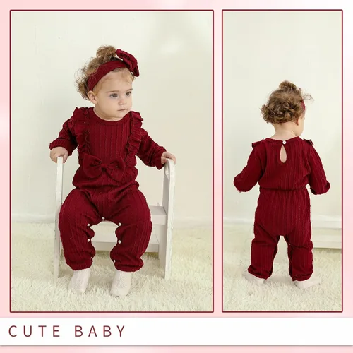 Miniatura 3 de Happy Town Mameluco para bebé niña para otoño e invierno, suéter de manga larga con volantes y diadema