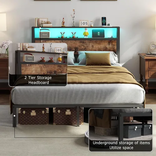 Miniatura 6 de Base de cama tamaño Queen con cabecero, marco de cama de plataforma de metal con luces LED y estación de carga, almacenamiento debajo de la cama