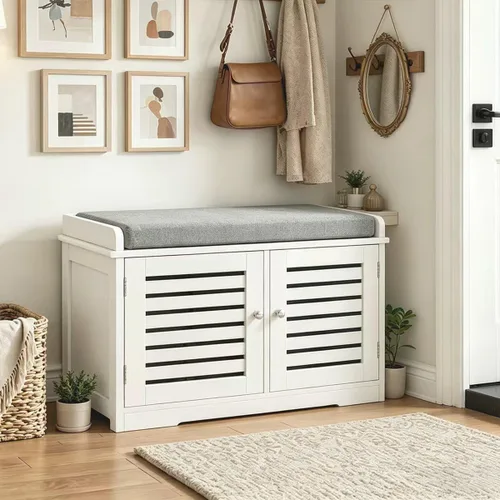 RASOO Banco de almacenamiento de zapatos blanco con 2 puertas y cojín de asiento acolchado en color gris, zapatero con organizador de zapatos