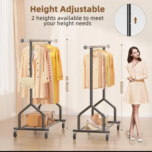 Miniatura 4 de EAGMAK Perchero de ropa resistente con capacidad de carga de 192 kg, perchero enrollable con estantes, colgador de ropa ajustable de metal