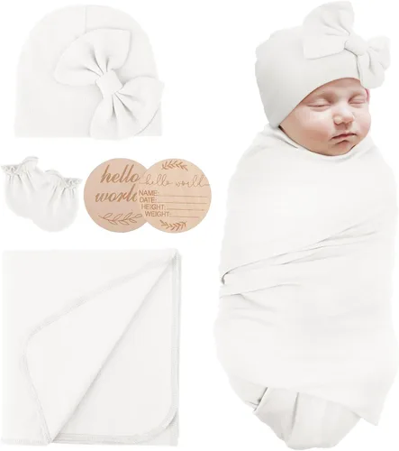 Miniatura 17 de AQOKKA Manta para Recién Nacido con Moño, Juego de Sombrero y Guantes, Tarjeta de Madera para Recién Nacidos, Niños, Niñas, Envoltorio para Envolver