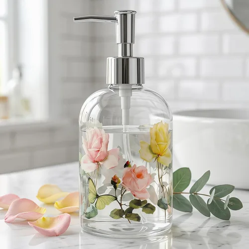 Miniatura 17 de Topadorn Dispensador de jabón de vidrio de 17 onzas con bomba, impresión floral de acuarela Enjoy the Day, botella líquida recargable para cocina