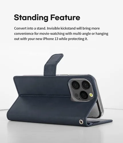 Miniatura 7 de GOOSPERY Bluemoon - Cartera compatible con iPhone 13 Pro, piel sintética de alta calidad, función de pie, soporte para tarjetas (azul marino)
