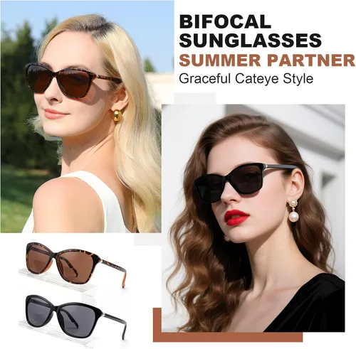 Miniatura 2 de Gafas de sol bifocales de lectura premium para mujeres, lectores de sol retro Cateye con protección UV400, tonos clásicos negro y tortuga