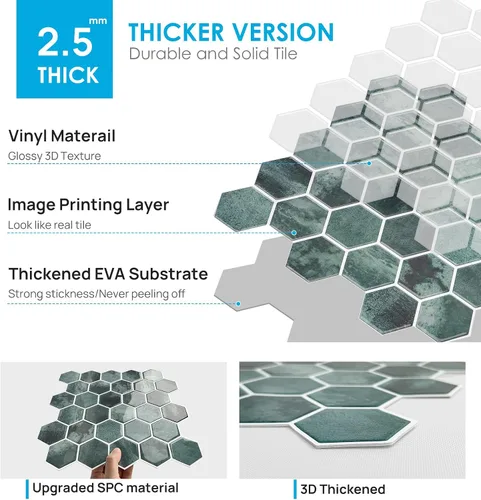 Miniatura 6 de 10 hojas de azulejos hexagonales autoadhesivos para salpicadero de cocina, nuevo diseño premium extra grueso 3D, azulejos de pared autoadhesivos