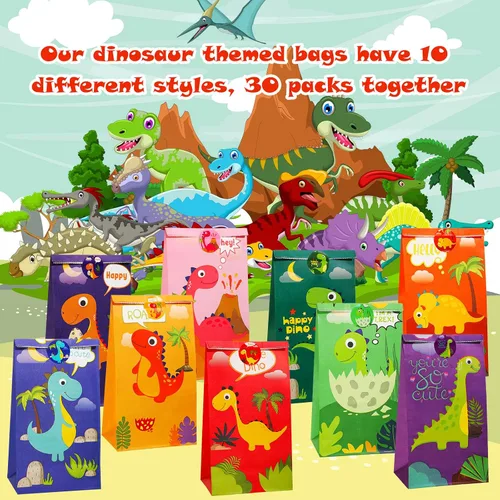 Miniatura 5 de Containlol Paquete de 30 bolsas de regalo para fiesta de dinosaurios, bolsa de dulces de dinosaurio pequeño con calcomanías a juego, suministros