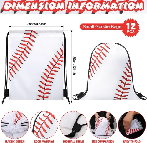 Miniatura 2 de Poen 48 piezas de recuerdos de fiesta de béisbol incluyen 12 mochilas con cordón, 12 mini pelotas de béisbol, 12 llaveros, 12 pulseras trenzadas