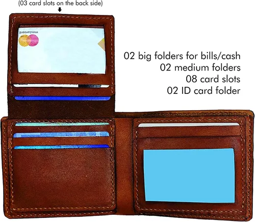 Miniatura 7 de Billetera vintage hecha a mano para hombre – Cuero auténtico plegable con grabado de mapa, regalo personalizable, Castaño, medio, Billetera plegable