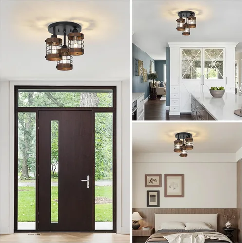 Miniatura 7 de PAUFUL Lámpara de techo semiempotrada, lámpara de araña de granja de 3 luces para montaje en techo, lámparas negras para pasillo con pantalla