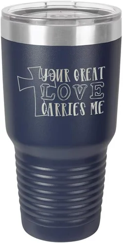 Miniatura 15 de Taza de viaje de acero con recubrimiento de polvo grabado con láser, con grabado de 30 oz con texto en inglés "Your Love Carries" y texto "Mis