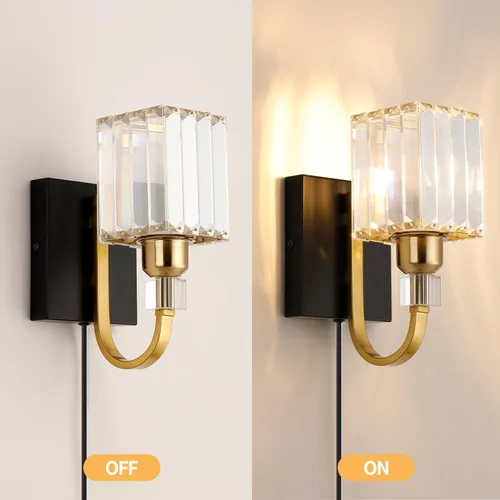 Miniatura 7 de Aplique de pared moderno de cristal con enchufe, lámpara de pared montada en negro dorado, lámpara de tocador enchufable con interruptor