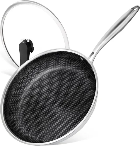 MICHELANGELO Sartén de 30 cm de acero inoxidable con tapa, antiadherente con revestimiento de nido de abeja, sartén triple - Compatible con inducción