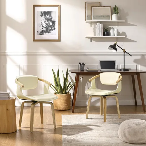 Miniatura 5 de Art Leon Silla de escritorio sin ruedas, silla giratoria moderna de mediados de siglo, silla de escritorio de piel sintética para espacios pequeños