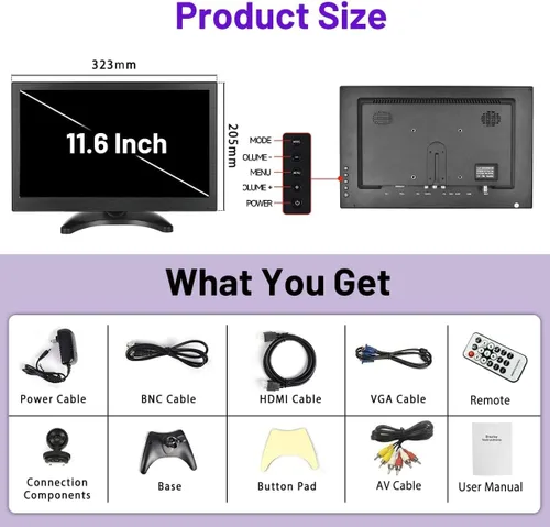 Miniatura 2 de Hikity Monitor HDMI pequeño de 11.6 pulgadas 1920 x 1080P Monitores CCTV portátiles con BNC, AVI, VGA, cable de entrada HDMI, control remoto