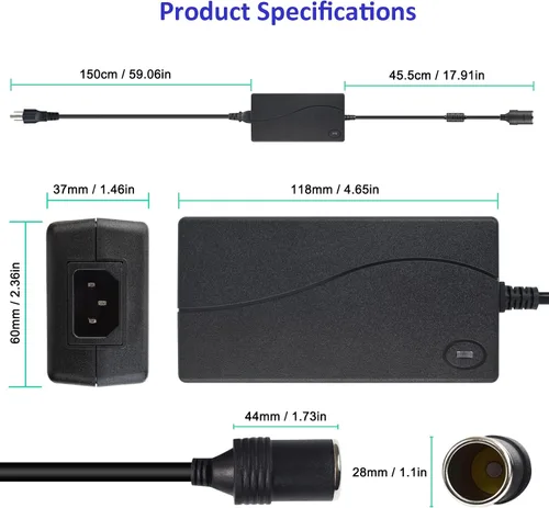 Miniatura 4 de Convertidor de 110 V a 12 V 6A 72 W AC a CC, adaptador de encendedor de cigarrillos para automóvil a enchufe de pared para compresor de aire