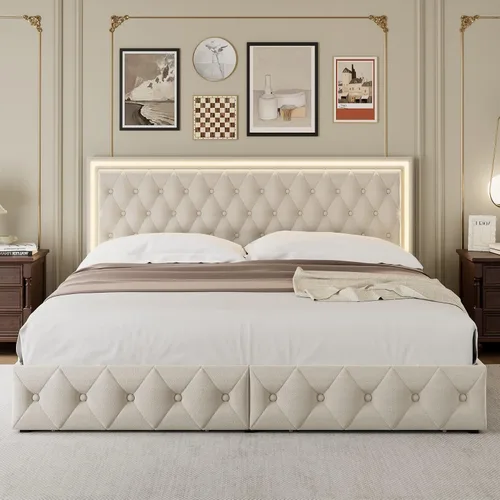 Miniatura 3 de Keyluv Marco de Cama Tapizada con LED Tamaño King con 4 Cajones, Cama de Plataforma de Terciopelo con Almacenamiento con Cabecero Capitoné de Beige