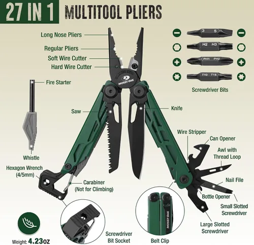 Miniatura 2 de MOSSY OAK Alicates Multiherramienta Mecanizados por CNC, Herramienta Múltiple 27-en-1 con Cuchillo de Bolsillo, Iniciador de Fuego y Silbato
