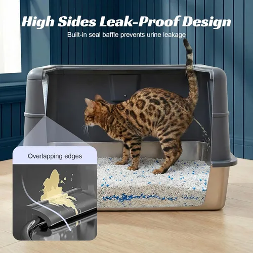 Miniatura 7 de Caja de arena cerrada de acero inoxidable con tapa, caja de arena de metal extra grande para gatos grandes, caja de arena extraíble para gatos