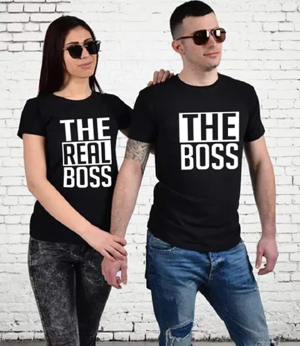 Miniatura 3 de Double Fashion - Camisetas a juego para parejas - His & Her - The Boss & The Real Boss -Letra Print - Manga corta - Camiseta