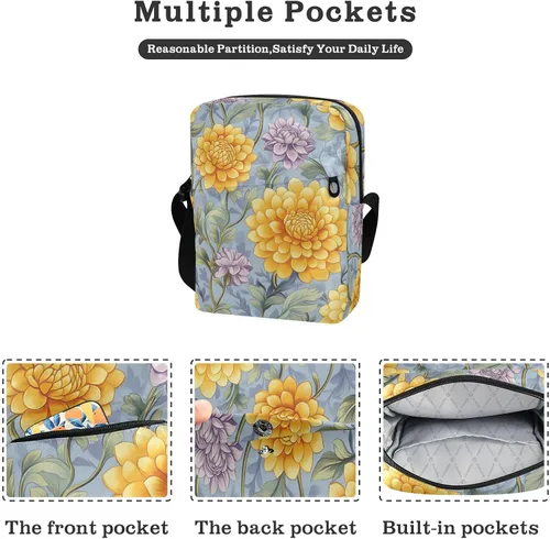 Miniatura 2 de Vintage Dahlia Flower Yellow Purple messenger bag cute green crossbody bags for women Casual Purse Lady Shoulder Handbags Adjustable Strap for