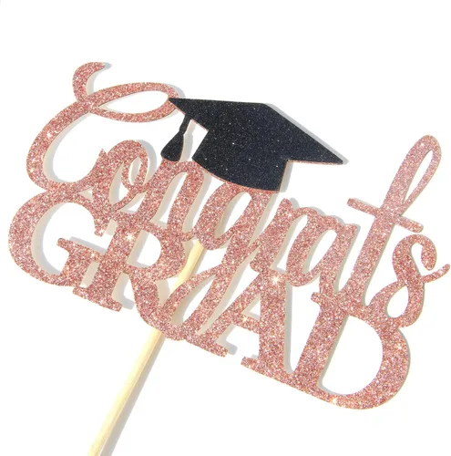 Miniatura 6 de Decoración de pastel de felicitaciones de oro rosa con purpurina – Decoraciones de graduación 2026 – Graduación de escuela secundaria, decoración