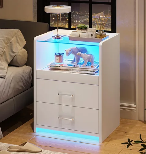 Miniatura 9 de VIAGDO Mesita de noche con estación de carga y luces LED, mesita de noche negra con parte superior de vidrio y cajones de almacenamiento, mesas