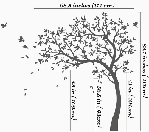 Miniatura 2 de Calcomanías de pared para árbol grande, calcomanías de árbol inclinado con pájaros, mural de vinilo decorativo KW032