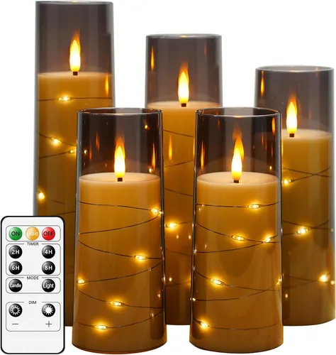 Miniatura 21 de kakoya Velas LED sin llama con temporizador de 5 piezas, velas parpadeantes sin llama para ambiente romántico y decoración del hogar, carcasa dorado