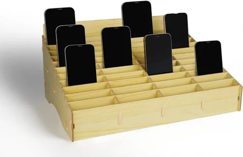 Miniatura 6 de HengTianMei Soporte para teléfono celular de 24 rejillas, organizador de bolsillo para aula, caja de almacenamiento de madera, soporte