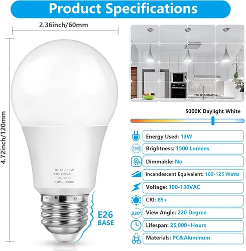 Miniatura 2 de Bombillas LED MAXvolador A19 13 W, equivalente a 100 vatios, luz blanca diurna de 5000 K, 1500 lm, base E26, no regulable, bombillas de luz blanca