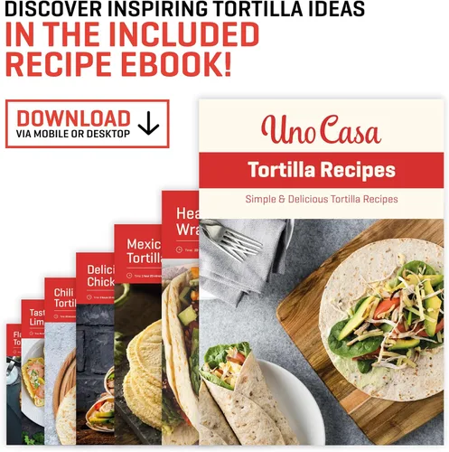Miniatura 4 de Uno Casa Prensa de tortilla de hierro fundido de 8 pulgadas con calentador de tortillas - Paquete de preparador pre-sazonado para quesadillas, roti