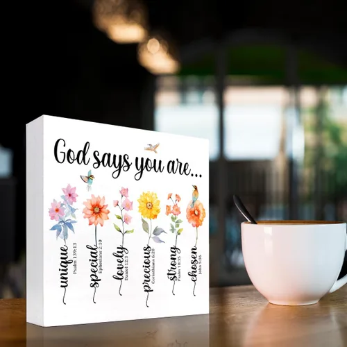 Miniatura 3 de Letrero de caja de madera con versículo bíblico, Dios dice que eres único, decoración de bloque de madera cristiana, letrero religioso de madera god