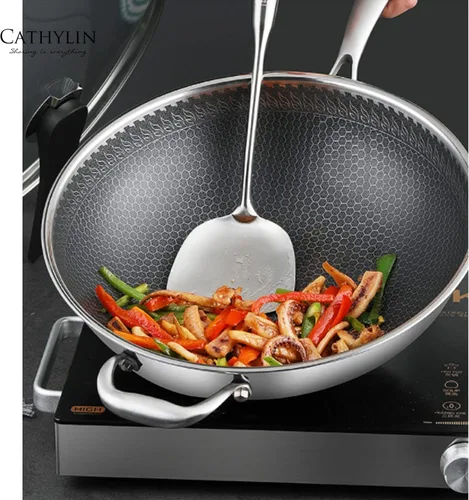 Miniatura 3 de Wok de acero inoxidable 316L de 13 pulgadas con tapa, sartén antiadherente con mango que se mantiene fresco, libre de PFOA, adecuado para cocinas