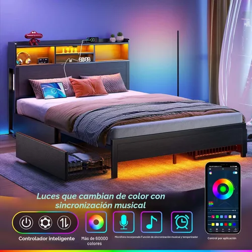 Miniatura 4 de Rolanstar Base de cama matrimonial con almacenamiento, plataforma de 4 cajones con estación de carga USB, luces LED integradas y cabecero