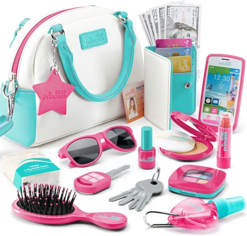 Miniatura 10 de Star Princess Juego de monedero de juego de simulación para niñas, bolso realista con accesorios: teléfono de juguete, cartera, tarjetas de crédito