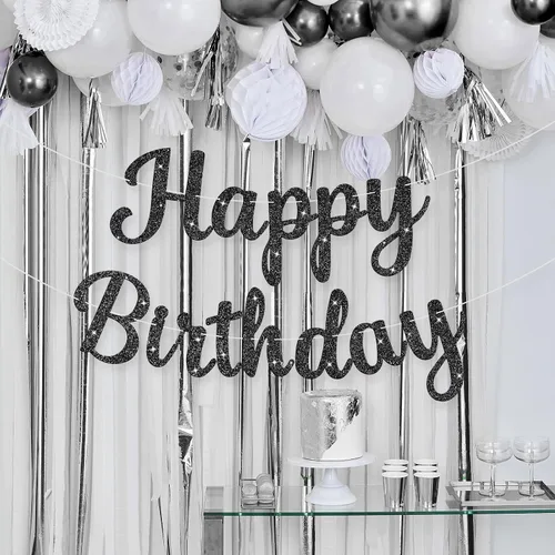 Miniatura 4 de Letrero de Pancarta de Feliz Cumpleaños Negro con Purpurina, Guirnalda de Cumpleaños Pancartas de Pared y Puerta Bandera para Mujeres Hombres Niños