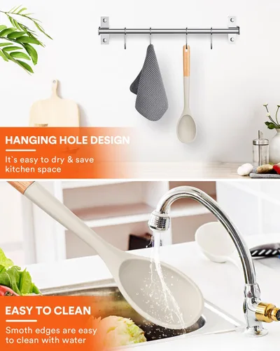 Miniatura 6 de Cucharas de cocina grandes de silicona, cuchara antiadherente con mango de madera maciza, cucharas de cocina de silicona resistentes al calor