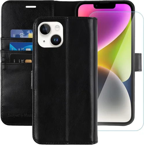 MONASAY Funda tipo cartera compatible con iPhone 14/13 5G, protector de pantalla de vidrio incluido, bloqueo RFID, funda de piel con tapa para