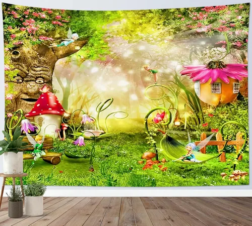 Miniatura 20 de HVEST Tapiz de bosque de cuento de hadas para colgar en la pared, estanque de lirios de agua, árboles mágicos, casas en el país de los sueños, tapiz