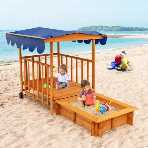 Miniatura 7 de HONEY JOY Caja de arena 3 en 1 para niños con casa de juegos y toldo, madera de cedro sin fondo para patio trasero con ruedas, barandillas