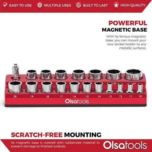 Miniatura 4 de Olsa Tools Portadados magnético, para dados métricos con cuadros de mando de 1/2 pulgada, color rojo, caben 19 dados, organizador de herramientas