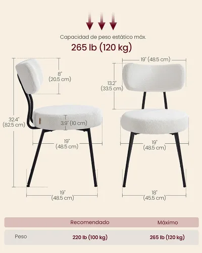 Miniatura 2 de VASAGLE Sillas de Comedor Boucle Juego de 2, Sillas Tapizadas de Cocina y Comedor con Respaldo Curvado y Marco de Acero, Modernas de Mediados